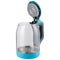 Electric glass kettle, blue plastic finish, with open lid, on white background
