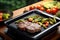 electric grill pan with a sizzling steak on it