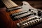 electric guitar, with close-up of strings and frets