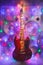 Electric guitar with festive Christmas lights and music speakers in smoke