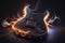 Electric guitar in flames on dark background