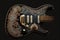electric guitar, with intricate inlay and detail work, on a black velvet background