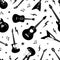 Electric guitar pattern. Print for punk rock concert, drawing metal music and vintage illustration, black silhouette