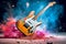 Electric guitar with powerful explosion of mix color dust,smoke and powder.AI generated