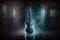 electric guitar, surrounded by lights and fog in a dark and mysterious room