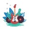 Electric guitar, vinyl records and nature. Great element for music festival or t-shirt. Concept. Vector illustration