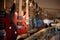 Electric guitars on the rack in a row at modern musical showroom