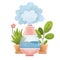 Electric humidifier, household appliance and two potted plants. Flat cartoon textured illustration isolated on white background