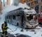 electric hybrid city bus burn bottom chasis, firefighter apply foam to extinguish flames big smoke