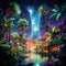 Electric Jungle: A vibrant neon-lit cityscape emerges from a lush rainforest, blending the urban and natural worlds into