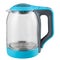Electric kettle with a glass flask, blue plastic finish, on a white background