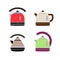 Electric kettles. Flat style teapots. Cookware collection. Metal and plastic samples. Color illustration set. Vector icons. Mockup