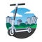 Electric kick scooter riding on cityscape background. Modern vehicle icon. 3D cartoon vector illustration of an eco transport