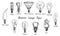 Electric Lamps Types set, woodcut style design, hand drawn doodle, sketch