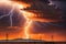 Electric Lightning Streaking Across an Orange-Hued Sky, Contrast of Warm and Cool Tones, Emphasis on Nature\\\'s