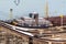 Electric locomotive, known as mule, guiding a container ship through Gatun Locks, part of Panama Cana