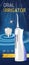 Electric Oral Irrigator ads. Vector 3d Illustration with Portable Water Pick Flosser