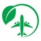 Electric plane icon. Airplane in green circle with a leaf. Aircraft powered by electricity. Green aviation concept Vector