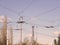 Electric power grid view as a part of city trolleybus system against blue sky.