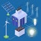 Electric power isometric vector concept with energy generator and solar panels