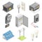 Electric Power Objects with Breaker Box, Socket and Lightbulb Isometric Vector Set