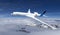 electric powered commercial Aeroplane flying in the sky - future electro energy aviation concept