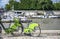 Electric rental bikes stands on the bank of the Seine in Paris ready for bike ride