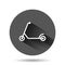 Electric scooter icon in flat style. Bike vector illustration on black round background with long shadow effect. Transport circle