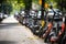 Electric scooters are lined up along a partially asphalted road, with fallen autumn leaves on the ground.