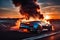 electric sport car ev battery explosion burn fire flames, sunset in the motorway