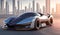 Electric supercar in futuristic city, fantastic sci fi modern sports car design. Generative Ai