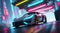 Electric supercar in futuristic city, fantastic sci fi modern sports car design. Generative Ai