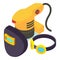 Electric tool icon isometric vector. Sheet sander welder mask and safety glasses