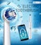 Electric toothbrush ads. Vector 3d Illustration with vibrant brush and mobile dental app on the screen of phone.