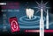 Electric toothbrush ads. Vector 3d Illustration with vibrant brush and mobile dental app on the screen of phone.