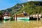 Electric tourist boats on beautiful lake Konigssee pier Berchtesgaden National Park Germany