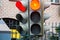 Electric traffic light.Green,red and yellow security signals.Pedestrian crossing