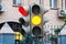 Electric traffic light.Green,red and yellow security signals.Pedestrian crossing