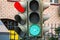 Electric traffic light.Green,red and yellow security signals.Pedestrian crossing