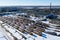 Electric trams at tram depot, aerial drone view