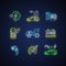 Electric vehicle neon light icons set