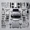 Electric Vehicle Tesla Cybertruck Car Components Electronics Parts Screws Nuts Bolts Engine Exploded View Perspective Chips