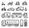 electric vehicles vector icons set bike, scooter, car, motorbikes, bus, truck, van, charge station, plug,