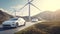 Electric vehicles and wind farms. The concept of environmentally friendly transport of the future Electric cars