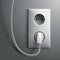 Electric white plug and socket on grey wall