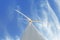 Electric windmill on a sky background. Innovative wind turbine manufacturing. Environment-friendly windmills concept.