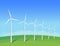Electric windmills on green grass field on background blue sky. Ecology environmental illustration for presentations, websites, in