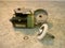 Electric wiper motor disassembled, with plastic wheel, oblique view