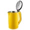 Electric yellow kettle, with a stainless steel flask, with an open lid, on a white background