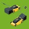 Electric yellow lawn mower in summertime. Lawn grass service concept. Isometric flat vector illustration. Garden